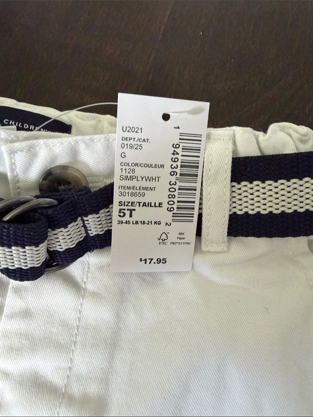 The Children's Place White Cotton Shorts with Navy Striped Belt